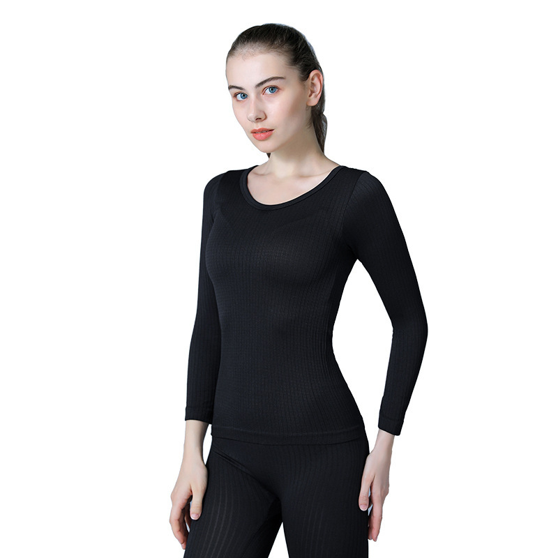 Set de lenjerie termică subțire pentru femei - fără cusături, culoare solidă, top cu mânecă lungă și pantaloni termici, poliester