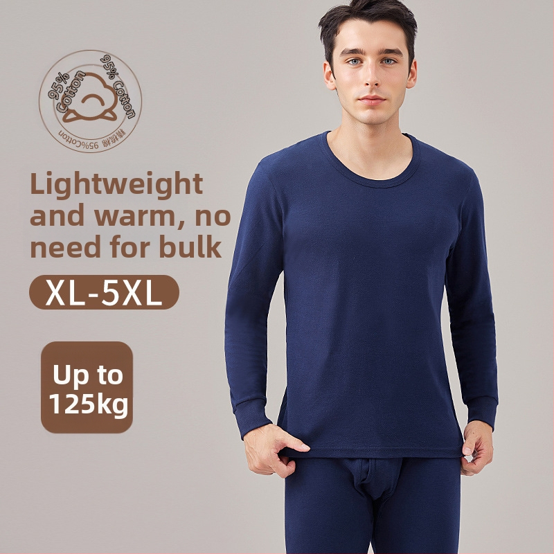 Plus-size pánske bavlnené termo set, top s okrúhlym výstrihom a nohavicami, jeseň-zima