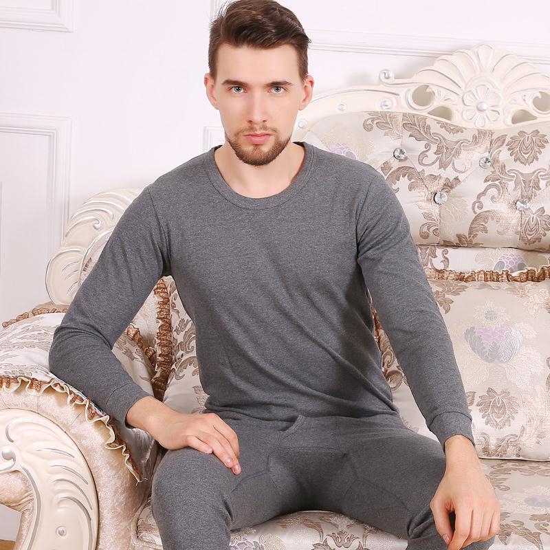 Set de lenjerie termică din bumbac pentru bărbați, mărime plus, cu guler rotund, toamnă–iarna, top cu mânecă lungă și pantaloni