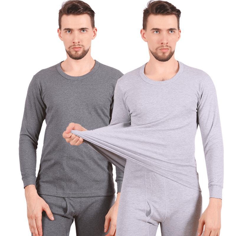 Set de lenjerie termică din bumbac pentru bărbați, mărime plus, cu guler rotund, toamnă–iarna, top cu mânecă lungă și pantaloni