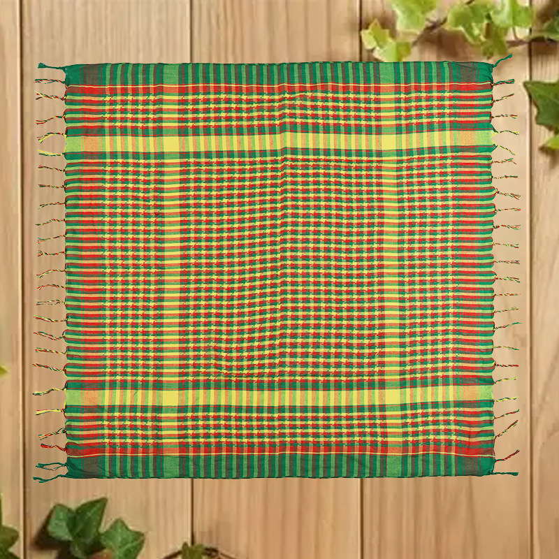 Muški šal s resicama, karirani uzorak, crveno, žuto i zeleno, šarena houndstooth nijansa, kvadratni, 180x100 cm, poliester.