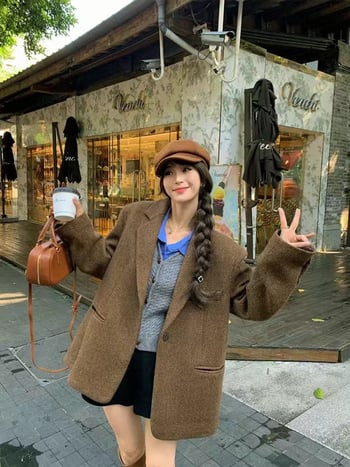 Palton nou din lână pentru toamnă-iarnă, mărime mică, stil retro coreean academic, palton cu guler de sacou