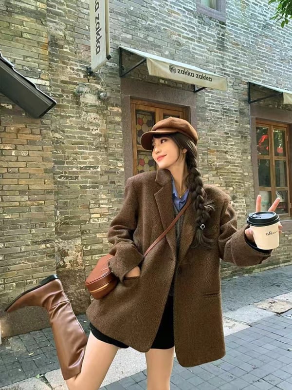 Palton nou din lână pentru toamnă-iarnă, mărime mică, stil retro coreean academic, palton cu guler de sacou