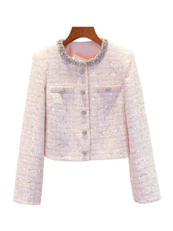 SP Brand Cardigan din tweed pentru femei, cu cristale și paiete, primăvara 2026, stil franțuzesc drăguț