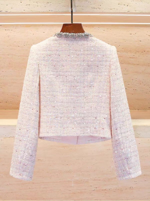SP Brand Cardigan din tweed pentru femei, cu cristale și paiete, primăvara 2026, stil franțuzesc drăguț