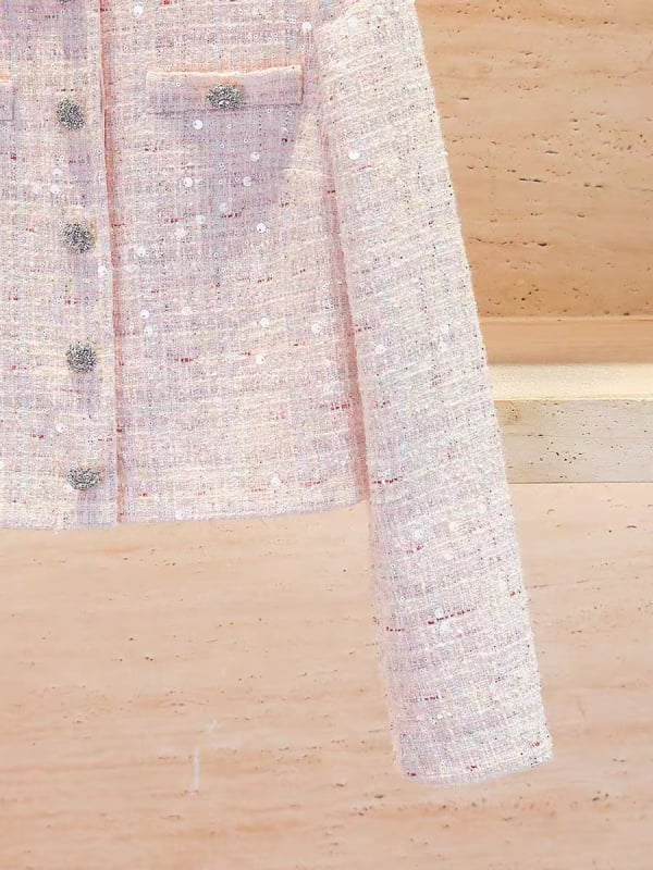 SP Brand Cardigan din tweed pentru femei, cu cristale și paiete, primăvara 2026, stil franțuzesc drăguț