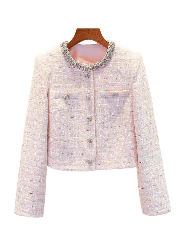 SP Brand Cardigan din tweed pentru femei, cu cristale și paiete, primăvara 2026, stil franțuzesc drăguț