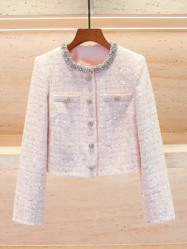 SP Brand Cardigan din tweed pentru femei, cu cristale și paiete, primăvara 2026, stil franțuzesc drăguț