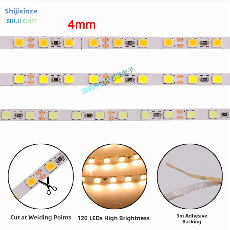 LED pásik 12V, jednofarebný, 2835 LED, 120 LED, samolepiaci, úzka verzia, šírka 4 mm, lineárny ohybný svetelný pás