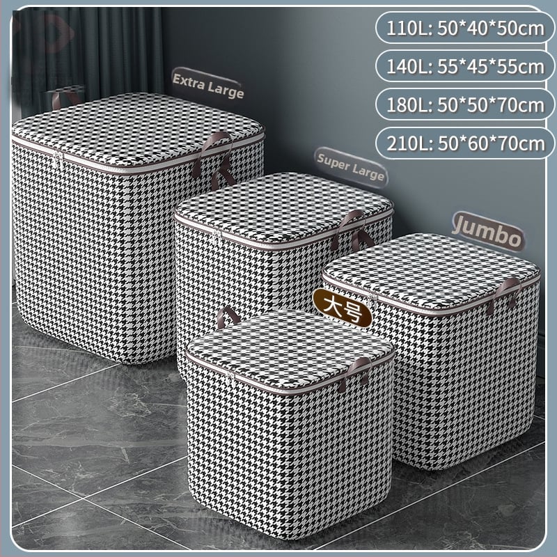 Skladací úložný box s vzorom houndstooth, odolný voči vlhkosti, veľká kapacita 110 l, na oblečenie a prikrývky.