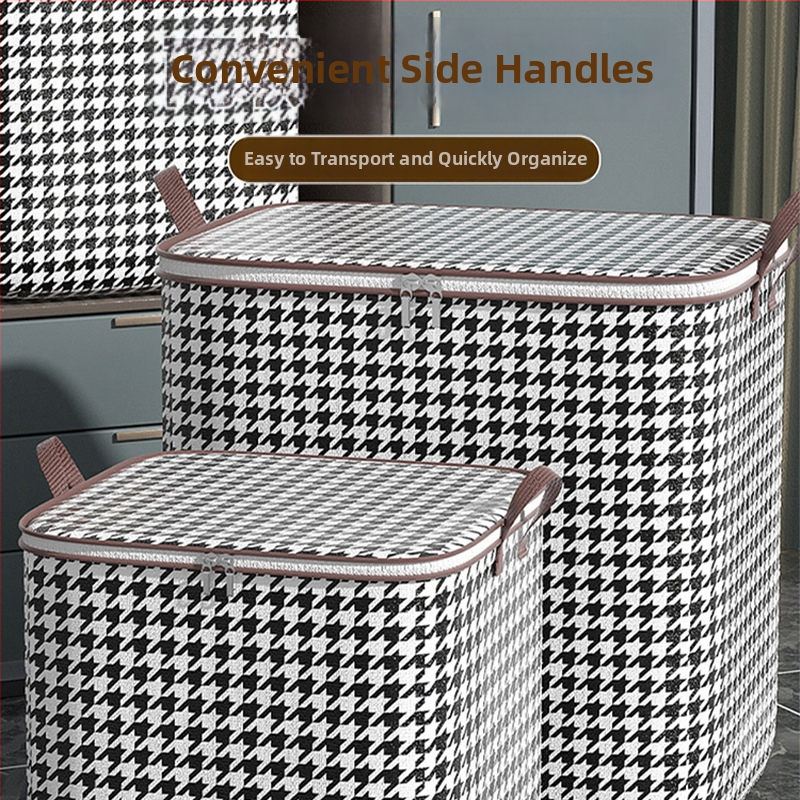 Skladací úložný box s vzorom houndstooth, odolný voči vlhkosti, veľká kapacita 110 l, na oblečenie a prikrývky.