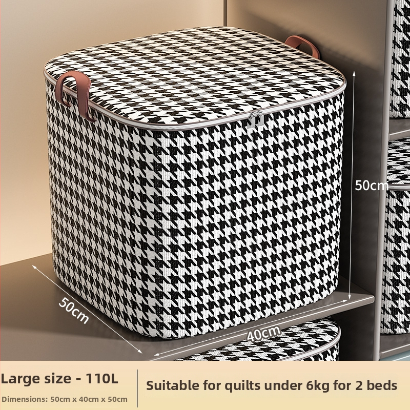 Skladací úložný box s vzorom houndstooth, odolný voči vlhkosti, veľká kapacita 110 l, na oblečenie a prikrývky.