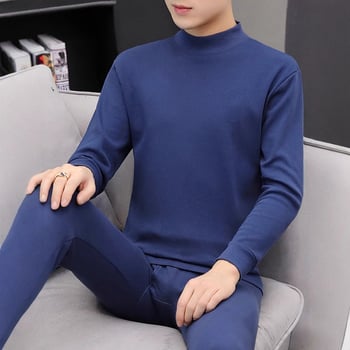 Set termic de iarnă pentru bărbați din bumbac 100% cu guler mediu, top subțire pentru bază și pantaloni