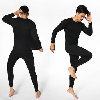Set termic pentru bărbați, guler rotund, culoare solidă, material subțire, croială slim, top cu mânecă lungă și pantaloni de lungime medie.