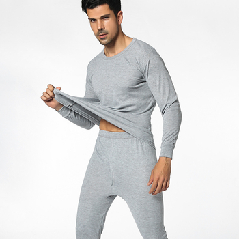 Set termic pentru bărbați, guler rotund, culoare solidă, material subțire, croială slim, top cu mânecă lungă și pantaloni de lungime medie.