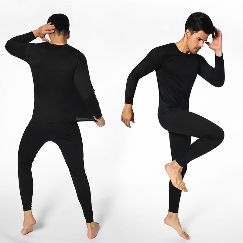 Set termic pentru bărbați, guler rotund, culoare solidă, material subțire, croială slim, top cu mânecă lungă și pantaloni de lungime medie.