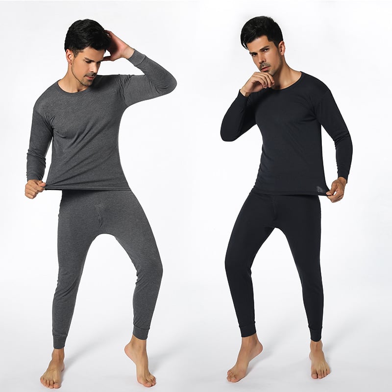 Set termic pentru bărbați, guler rotund, culoare solidă, material subțire, croială slim, top cu mânecă lungă și pantaloni de lungime medie.