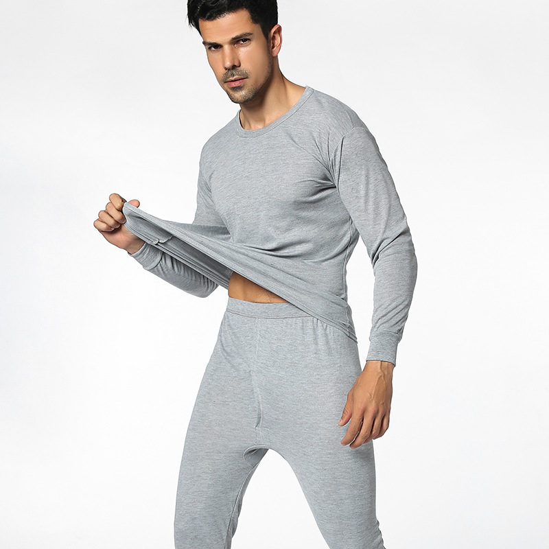 Set termic pentru bărbați, guler rotund, culoare solidă, material subțire, croială slim, top cu mânecă lungă și pantaloni de lungime medie.