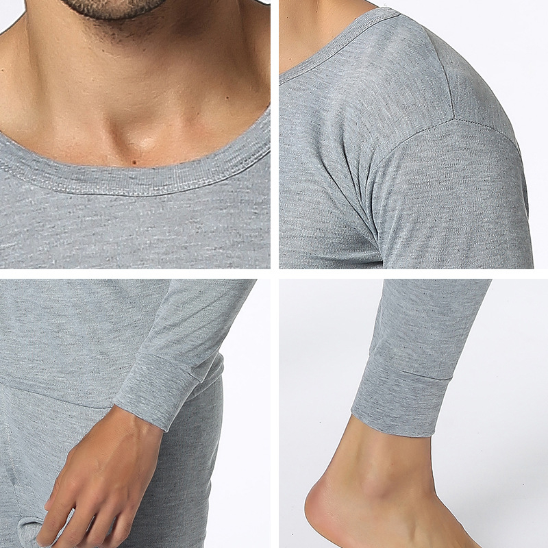 Set termic pentru bărbați, guler rotund, culoare solidă, material subțire, croială slim, top cu mânecă lungă și pantaloni de lungime medie.