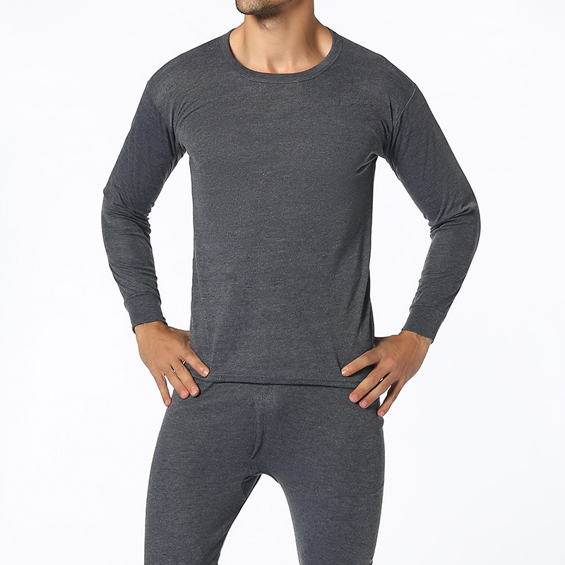 Set termic pentru bărbați, guler rotund, culoare solidă, material subțire, croială slim, top cu mânecă lungă și pantaloni de lungime medie.