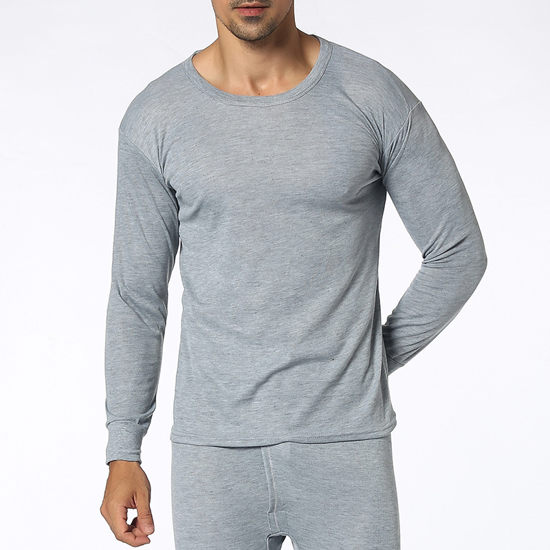 Set termic pentru bărbați, guler rotund, culoare solidă, material subțire, croială slim, top cu mânecă lungă și pantaloni de lungime medie.