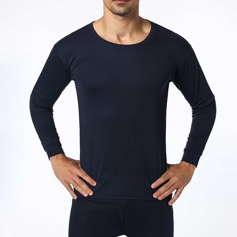 Set termic pentru bărbați, guler rotund, culoare solidă, material subțire, croială slim, top cu mânecă lungă și pantaloni de lungime medie.
