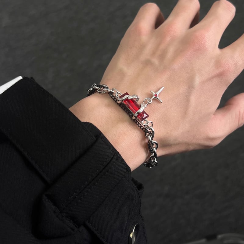 Brățară din oțel de titan cu zirconiu roșu, design cu două straturi — stil hip-hop minimalist, unisex, bijuterie pentru cuplu
