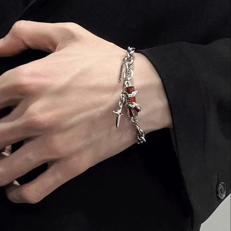 Brățară din oțel de titan cu zirconiu roșu, design cu două straturi — stil hip-hop minimalist, unisex, bijuterie pentru cuplu
