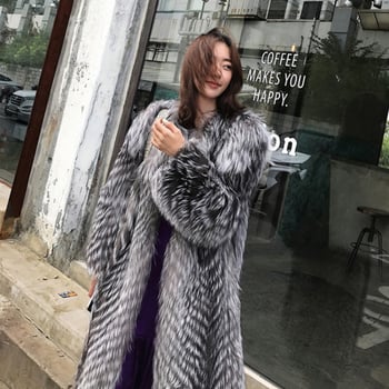 Dámsky dlhý kabát z umelej kožušiny s imitáciou líščej srsti – jesenná a zimná móda vonkajšieho oblečenia