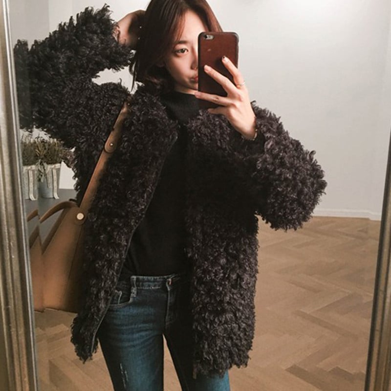 Дамско палто с средна дължина от изкуствена плюшена теди козина, свободен силует, есенно-зимно 2026