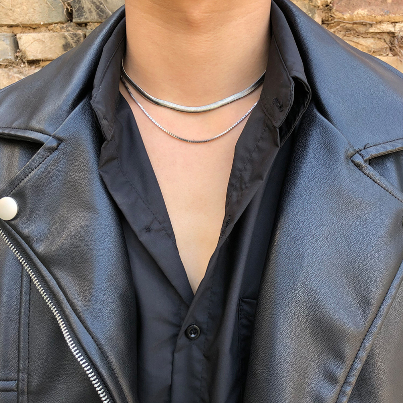 Unisex ogrlica od titan čelika sa spljoštenim zmijskim lancem, dvostruki sloj, kratka lanac za ključnu kost, geometrijski stil