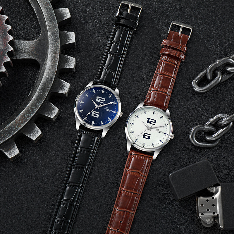 Férfi kvarc óra kék üveggel, PU szíjjal, cinkötvözetes tokkal, 40 mm számlap