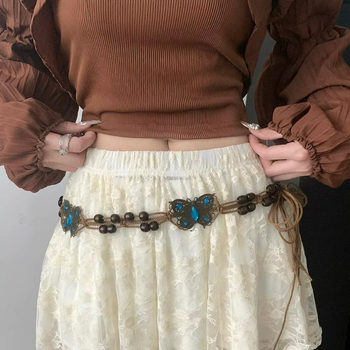 Bohemiai derék öv szőtt pillangó mintával – etnikus stílusú női ruhához való kiegészítő, tavasz-nyár