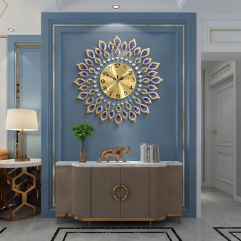 Ceas de perete pentru living cu motiv de paun — design modern minimalist, ceas cu cuarț silențios, ceas decorativ rotund