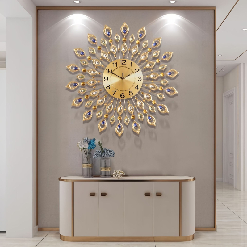 Ceas de perete pentru living cu motiv de paun — design modern minimalist, ceas cu cuarț silențios, ceas decorativ rotund