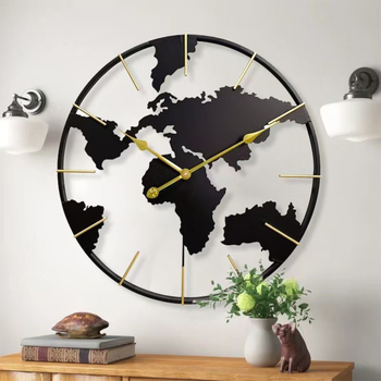 Ceas de perete rotund, cu hartă a lumii, artă din metal, stil modern, decor pentru living și hol