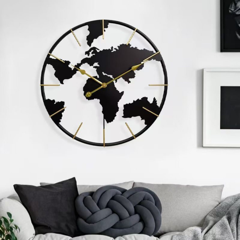 Ceas de perete rotund, cu hartă a lumii, artă din metal, stil modern, decor pentru living și hol