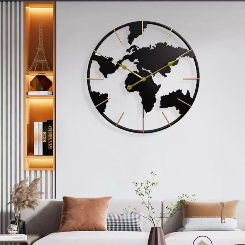 Ceas de perete rotund, cu hartă a lumii, artă din metal, stil modern, decor pentru living și hol