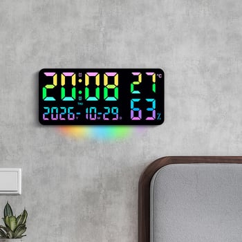 Ceas de perete RGB pentru sufragerie, mare dimensiune, ceas multifunctional cu iluminare ambientală și schimbare de culoare, model GH0750