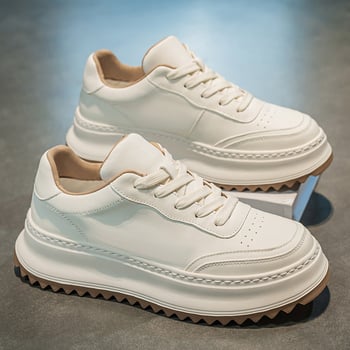 Muške bijele kožne tenisice, retro casual obuća s debelim potplatom