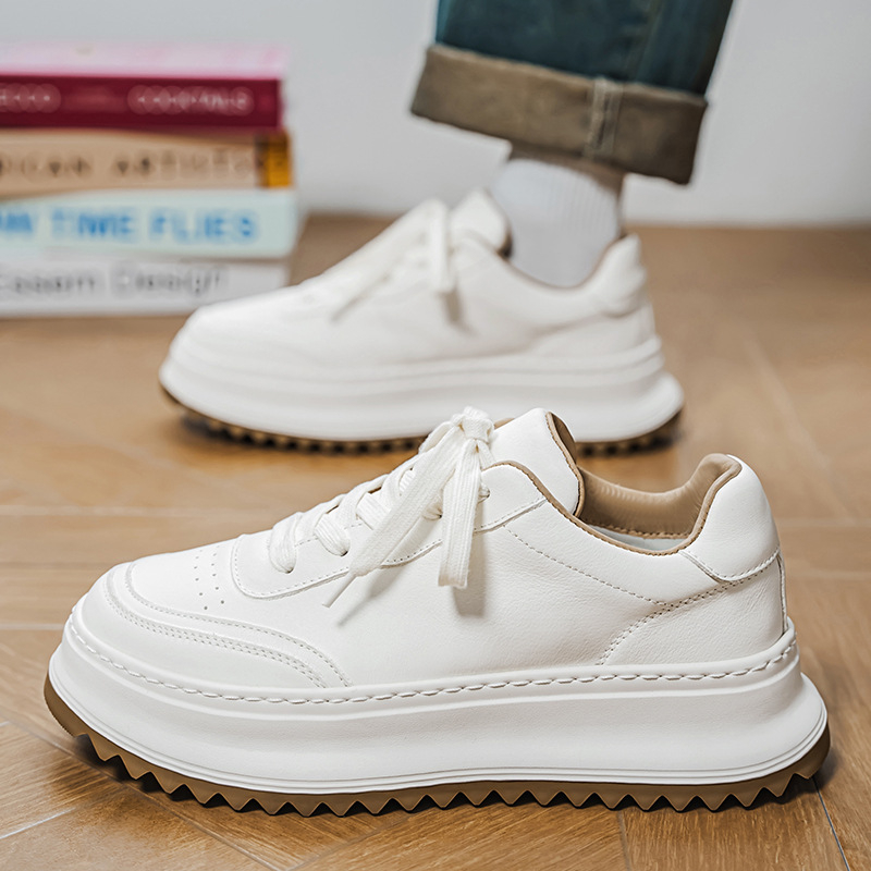 Muške bijele kožne tenisice, retro casual obuća s debelim potplatom