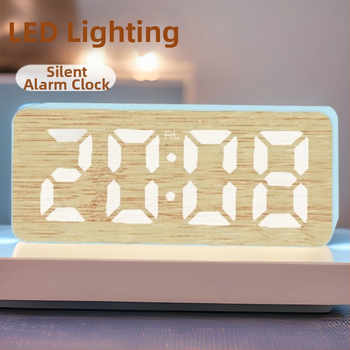 Digitálny LED budík s veľkou obrazovkou, funkcia odloženia budíka, kalendár a teplomer, 24-hodinový displej, bambusový vzor