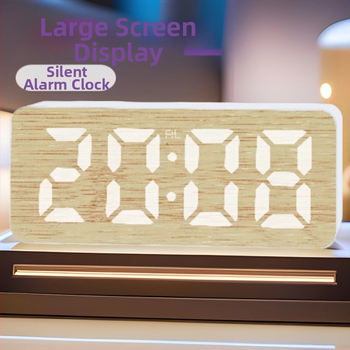 Digitálny LED budík s veľkou obrazovkou, funkcia odloženia budíka, kalendár a teplomer, 24-hodinový displej, bambusový vzor