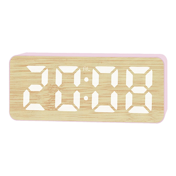 Ceas deșteptător digital cu LED, ecran mare, funcție Snooze, calendar și termometru, afișaj 24 de ore, model cu textură bambus