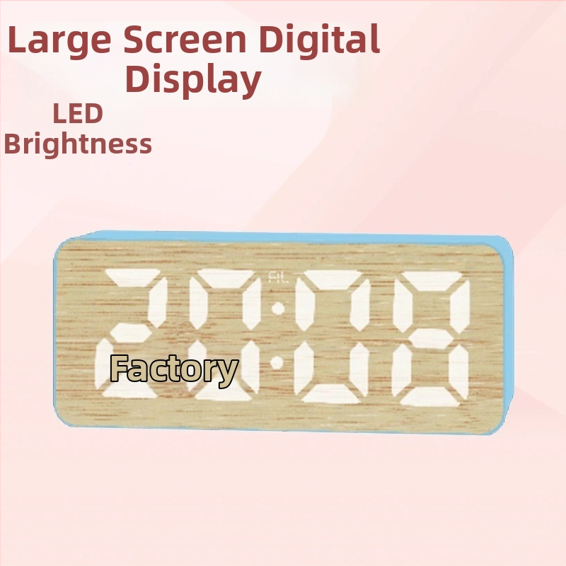 Digitálny LED budík s veľkou obrazovkou, funkcia odloženia budíka, kalendár a teplomer, 24-hodinový displej, bambusový vzor