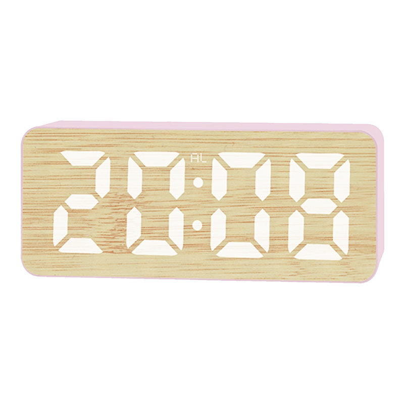 Ceas deșteptător digital cu LED, ecran mare, funcție Snooze, calendar și termometru, afișaj 24 de ore, model cu textură bambus
