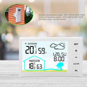 Viacúčelové bezdrôtové meteorologické hodiny s farebným displejom, predpoveď počasia, nástenné hodiny pre vnútornú aj vonkajšiu teplotu a vlhkosť, budík