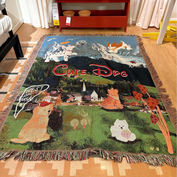 DIY gobelén hóhegyes kölyökkutya, vintage stílusú falikép, aranyos rajzfilm motívum, kanapéfedő és kötött pléd
