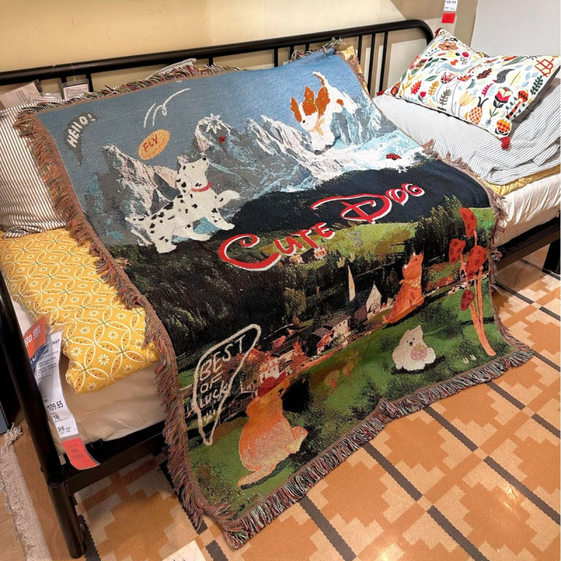 DIY gobelén hóhegyes kölyökkutya, vintage stílusú falikép, aranyos rajzfilm motívum, kanapéfedő és kötött pléd