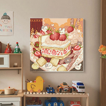 Set za križni bod 11CT, poliester-pamučne niti, crtani zeko s tortom od jagoda – za dnevni boravak i spavaću sobu